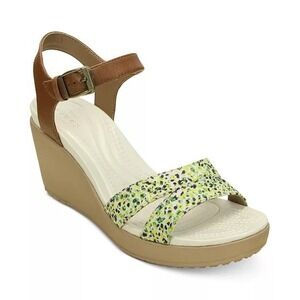 Crocs Leigh II Ankle Strap Graphic Wedge Summer Green Brown Sandals Women Size 8